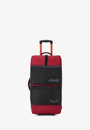 Rolling suitcase with a red upper section and black base, featuring a retractable orange handle, two front pockets, and Jeep logo.