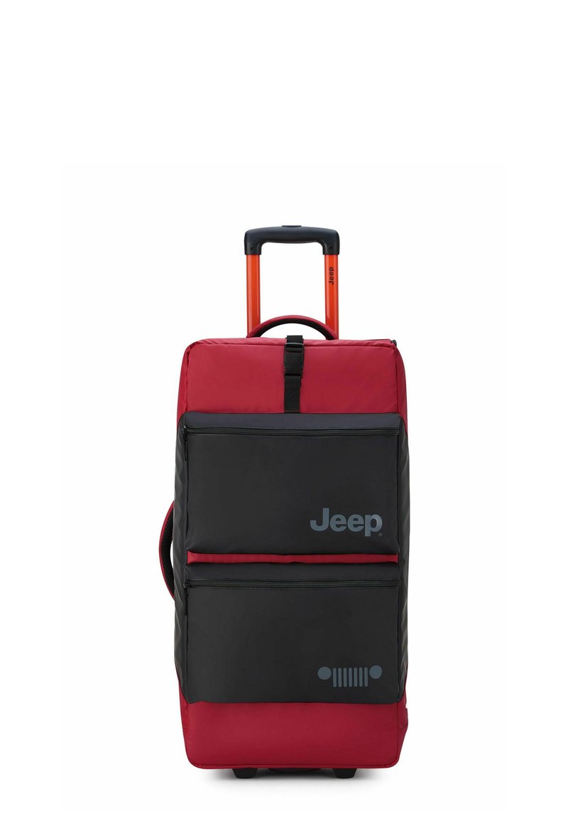 Valigia a rotelle con una parte superiore rossa e una base nera, dotata di manico arancione retrattile, due tasche frontali e logo Jeep.