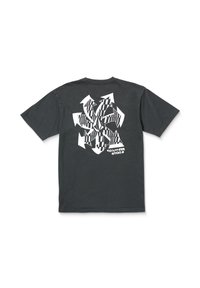 Donkergrijze katoenen T-shirt met een grote witte grafiek op de achterkant, bestaande uit pijlen en strepen, met de tekst "Volcom Stone" onderaan.