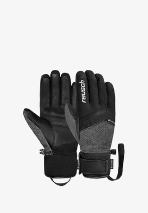 Black and gray gloves with leather palms and synthetic textile backs, featuring adjustable wrist straps and Gore-Tex labels for water resistance.