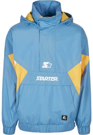 Light blue pullover jacket with yellow and white accents, adjustable hood, front pocket, and "STARTER" logo prominently displayed.