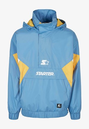 Gaiši zilas pulovera jakas ar dzelteniem un baltajiem akcentiem, regulējama kapuce, priekšējā kabata un skaidri redzams "STARTER" logo.