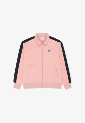 Chaqueta deportiva rosa con cremallera, con rayas azul marino en las mangas, puños y dobladillo acanalados, y un pequeño logotipo "F" en el pecho izquierdo.