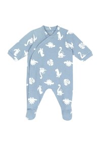 Blå bomullssoverall för baby med vita dinosaurie- och bladmönster, långa ärmar, omslagdesign och fotsluttning.