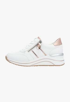 White sneaker with a textured upper, decorative silver and rose gold accents, a side zipper, lace closure, and a lightweight wedge sole.