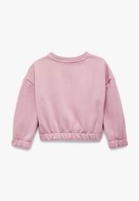Sudadera corta rosa con mangas largas, puños elásticos y dobladillo, textura suave y escote redondo, diseñada para la comodidad.