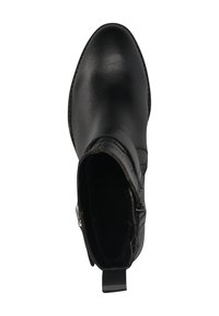 Schwarze Leder-Ankle Boots mit glatter Oberfläche, runder Zehenpartie, seitlichem Reißverschluss und einer Zuglasche auf der Rückseite für ein einfaches Anziehen.