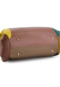 Leather handbag featuring a combination of brown, yellow, green, and tan sections, with gold hardware and textured surfaces.