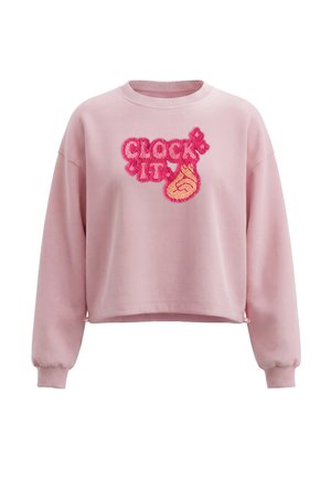 Pink cropped sweatshirt med lange ærmer, ribmanchetter og rund hals, med tekstur i pink og gul tekst "CLOCK IT" samt grafik af fingerknips.