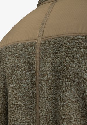 Fleece jacket, brown and green textured fabric, featuring a smooth upper panel and detailed stitching along the back seam.