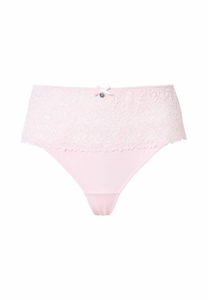 Light pink thong with a lace waistband, featuring a small satin bow and decorative button detail. Smooth fabric and scalloped edges.