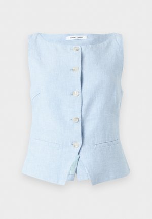 Veste sans manches en lin bleu clair avec un col rond, cinq boutons à l'avant, deux petites poches fendues à l'avant et un ourlet légèrement évasé.