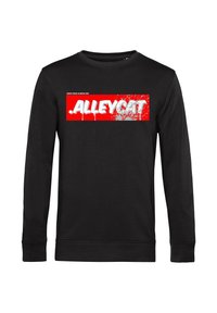 Černá mikina s dlouhým rukávem, která má červený grafický motiv s bílým nápisem "ALLEYCAT" v textu se skvrnitým vzhledem. Hladký nákrčník a manžety.