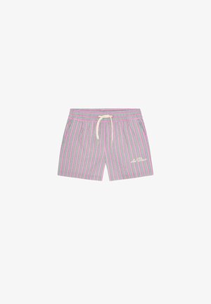 Krátke pruhované šortky s ružovými a sivými vertikálnymi pruhmi, elastickým pásom, bielym šnúrkom a malým vyšívaným logom na ľavej nohe.