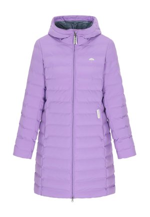 Lila Pufferjacke mit Kapuze, ausgestattet mit einem Frontreißverschluss, gestepptem Design und einem dezenten Branding-Detail auf der Brust.