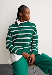 Grüner gestreifter Pullover mit horizontalen weißen Streifen, über einem weißen Hemd mit Kragen getragen. Das Model trägt passende grüne Hosen. Glatte Textur.