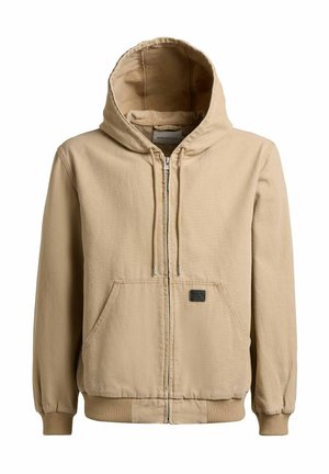 Beige capuchontrui met rits, voorzakken in kangoeroestijl, trekkoord capuchon, geribbelde manchetten en een klein zwart label op de zak.