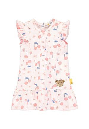 Rosa Kleid mit Kirsch- und Schmetterlingsmuster, Rüschensäulen und einem Bären-Patch. Der Rock hat einen gerafften Saum für zusätzliche Textur.