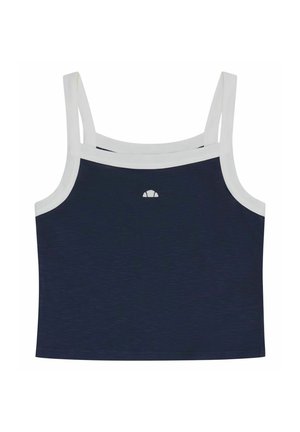 Camiseta corta azul marino con tirantes y ribete blancos, con un pequeño logotipo blanco en forma de semicírculo en el centro frontal.