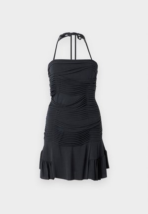 Zwarte jurk met halternek, gerimpelde textuur, aansluitend lijfje, uitlopende gerimpelde zoom en verstelbare bandjes. Glad materiaal, knielange ontwerp.