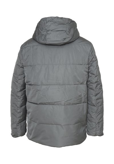 Giacca imbottita grigia con cappuccio, caratterizzata da un design trapuntato, una texture liscia e cuciture visibili sulla schiena e sulle spalle.