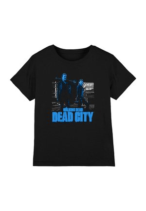 Schwarzes T-Shirt mit zwei Personen, die Waffen halten, vor einer Stadtkulisse mit dem Text "Walking Dead Dead City" in Blau.
