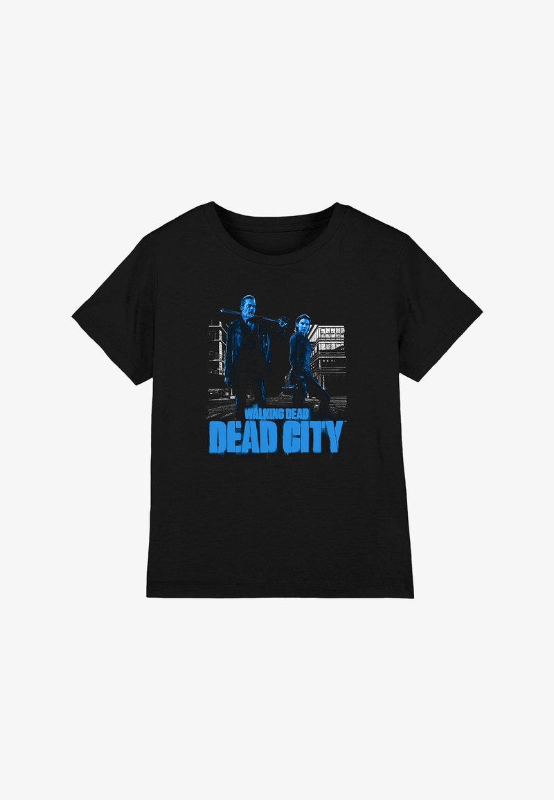 Schwarzes T-Shirt mit zwei Personen, die Waffen halten, vor einer Stadtkulisse mit dem Text "Walking Dead Dead City" in Blau.