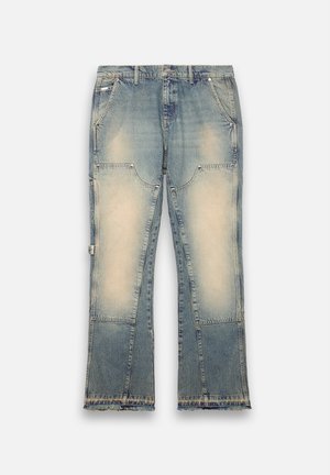 Helle blaue Jeans aus Denim mit einem verblassten Design, weiten Beinen, fünf Taschen und ausgefransten Säumen. Mit kontrastierenden Patches für zusätzliche Textur.