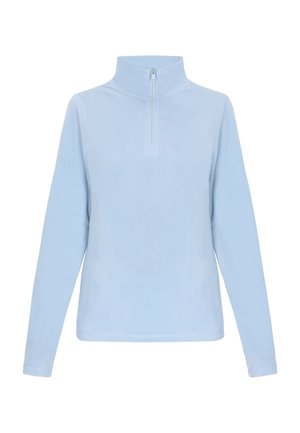 Pull bleu clair à manches longues avec col montant et courte fermeture éclair à l'avant sur fond blanc.