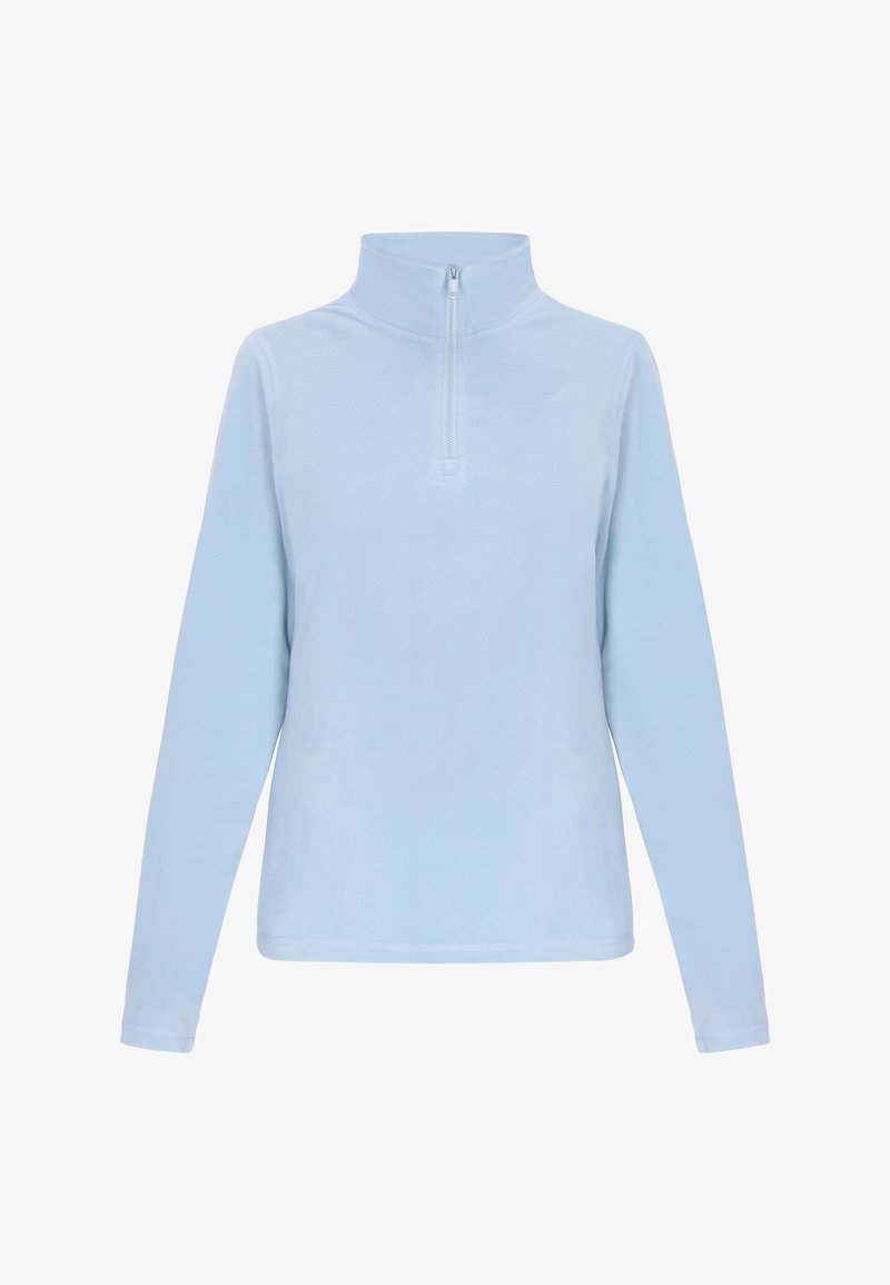 Pull bleu clair à manches longues avec col montant et courte fermeture éclair à l'avant sur fond blanc.