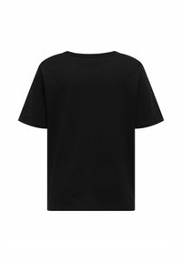Camiseta negra de manga corta con un clásico cuello redondo y un ajuste relajado. Fabricada en suave tela de algodón con una textura lisa.
