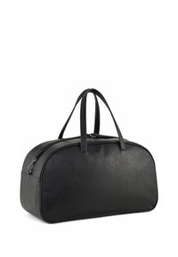 Sort lædertaske med dobbelte håndtag og lynlåslukning, vist på en hvid baggrund.