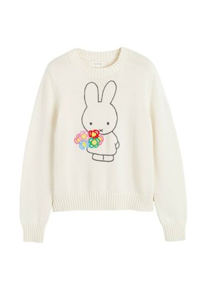 White knit sweater featuring a gray embroidered rabbit holding a colorful flower bouquet, with ribbed cuffs and hem, and a classic round neckline.