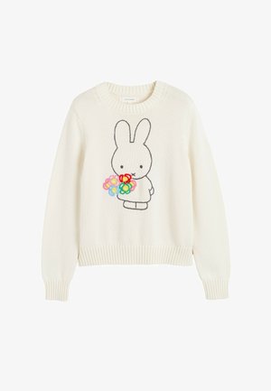 White knit sweater featuring a gray embroidered rabbit holding a colorful flower bouquet, with ribbed cuffs and hem, and a classic round neckline.