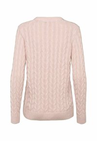 Pull rose clair en maille torsadée avec manches longues et poignets et ourlet côtelés, montré de dos sur fond blanc.