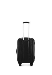 Zwarte harde koffer met verticale ribbels, uitschuifbare zilveren handgreep en vier wielen voor eenvoudige mobiliteit. Zijhandgreep voor het optillen.