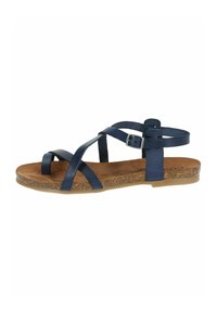 Navy leather sandals with crisscross straps and a buckle. Cork-textured insole offers a natural look, finished with a flat rubber sole.