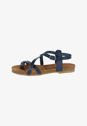 Navy leren sandalen met kruisbanden en een gesp. De kurk-textuur binnenzool biedt een natuurlijke uitstraling, afgewerkt met een platte rubberen zool.
