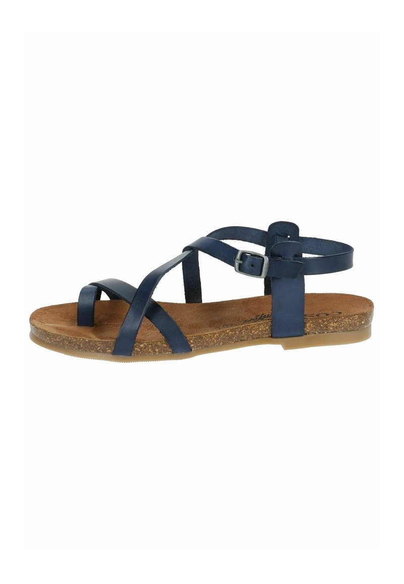Navy leather sandals with crisscross straps and a buckle. Cork-textured insole offers a natural look, finished with a flat rubber sole.