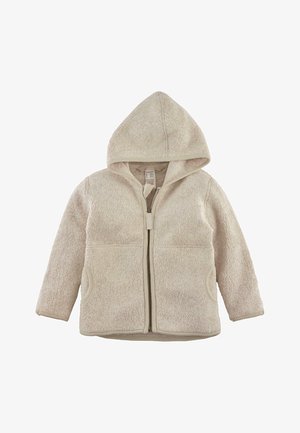 Giacca con cappuccio in pile beige con superficie testurizzata, chiusura frontale con zip e tasche laterali. Presenta un design morbido e caldo in tutto il capo.