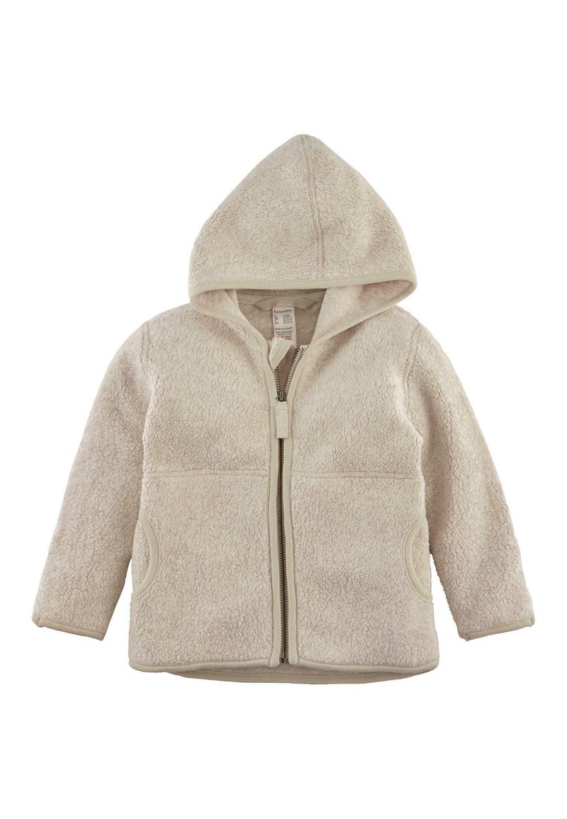 Beige Fleece-Hoodiejacke mit strukturiertem Oberflächen, vorderem Reißverschluss und Seitentaschen. Bietet ein weiches, warmes Design über die gesamte Jacke.