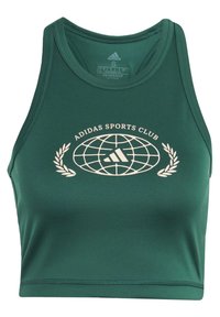 Top sportivo verde smanicato realizzato in un tessuto liscio, con un logo crema raffigurante un globo e foglie di alloro sul davanti.