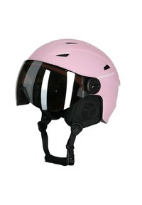 Roze skihelm met een glanzende vizier, verstelbare riem, ventilatieopeningen, gewatteerde oorkussentjes en merknaam "SWEDEMOUNT" aan de zijkant.