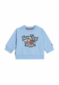 Sweatshirt azzurro chiaro con maniche lunghe, polsini e orlo a costine. Presenta una grafica frontale con la scritta "New York 1985 Hilfiger" insieme a un personaggio dei cartoni animati.