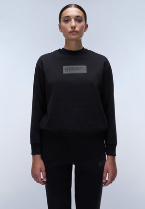 Zwarte sweatshirt met een ronde hals, relaxte pasvorm en een gemarmerde logopatch aan de voorkant. Gemaakt van zacht materiaal met geribbelde manchetten.