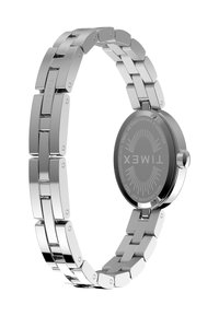 Roostevabast terasest kell, millel on stiilne hõbedane rihm ja ümmargune nägu. Tagaküljel on graveeritud detailid ja päikesepaiste muster.