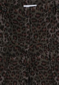 Leopard-print trousers in shades of green and brown. Soft material with a smooth texture. Features two visible button closures and pockets.