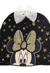 Berretto di maglia nero con un grande fiocco dorato glitterato e un volto di Topolina con orecchie nere, circondato da motivi di stelle dorate.