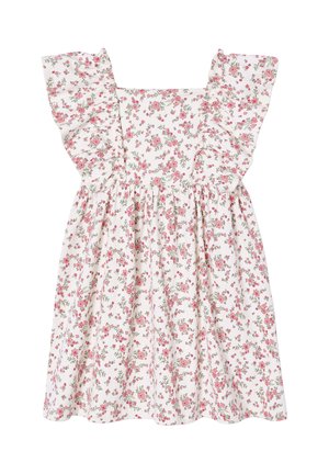 White sleeveless dress with pink floral pattern and ruffled shoulder straps, gathered waist, and A-line skirt.