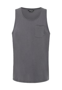Graues Baumwoll-Tanktop mit rundem Hals und einer Brusttasche. Verfügt über ein schlichtes Design, einen geraden Saum und feine Nähte.